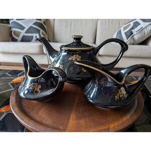 Pearl China Teapot Sugar Bowl Creamer black 22kt gold Vintage USA